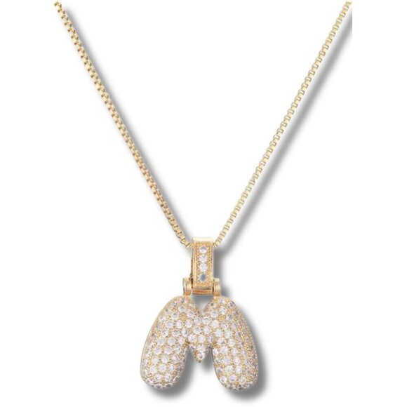 Lavish Realm Jewelry - Bubble Letter Initial "M" Pendant w/Chain Necklace